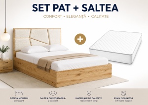 SET Pat tapițat ELEGANCE Bouclé – Alb 160 x 200 cm + Saltea Lux Ortopedica, Arcuri Bonnell si Spuma Poliuretanica 160 x 200 cm