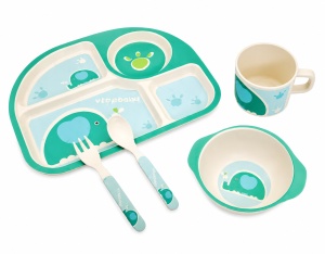 Set Pentru Diversificare Copii, Fibra Bambus, Elefant, 5 Piese, Verde