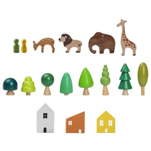 Set Piese Montessori pentru Stivuit, Casuta Animalelor Salbatice, Lemn, 17 piese