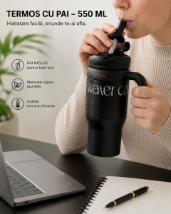 Termos Pentru Adulti cu Pai si Maner, Otel Inoxidabil, Negru, 550 ml - Img 3