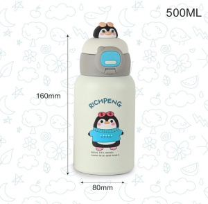 Termos pentru Copii, cu Pai si Bareta, Alb, Model Pinguin, 500 ml - Img 6