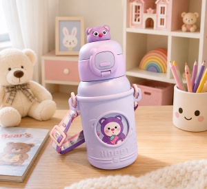 Termos pentru Copii, cu Pai si Bareta, Mov, Model Urs, 500 ml - Img 3