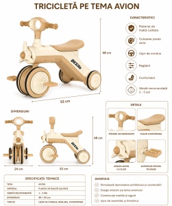 Tricicletă de Echilibru Crem-Alb cu Design Avion, pentru Copii 1-3 Ani - Img 2