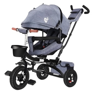 Tricicleta Pentru Copii, Scaun Pivotant la 360, Spatar cu 3 Pozitii, Gri/Negru