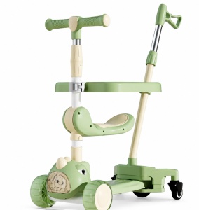 Trotinetă Copii 3 în 1, Verde Pastel, Roti cu Lumini LED, Șezut și Mâner Reglabil, Model Dinozaur