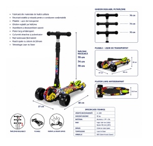 Trotinetă Copii 3 Roți Multicolor, Lean to Steer, Pliabilă, Ghidon Reglabil, Roți LED - Img 2