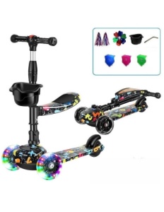Trotineta Reglabila 3 in 1, cu 3 Roti, cu Lumini si Scaun Pliabil, Negru cu Imprimeu Multicolor