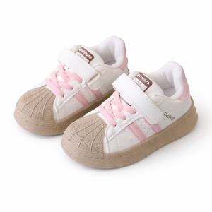 Adidași Copii Tip Superstar, cu Scai și Șireturi, Talpă Antiderapantă, Model Casual Sport, Alb cu Roz și Crem - Img 2