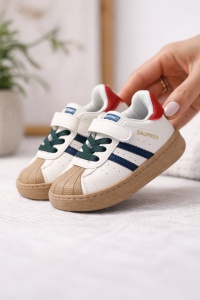 Adidași Copii Tip Superstar, cu Scai și Șireturi, Talpă Antiderapantă, Model Casual Sport, Alb cu Albastru și Rosu - Img 3