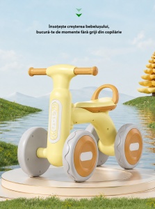 Bicicletă de Echilibru pentru Copii cu Lumini și Muzică, 4 Roți, Galben, 1-4 Ani - Img 2
