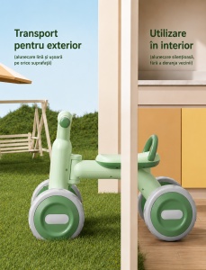 Bicicletă de Echilibru pentru Copii cu Lumini și Muzică, 4 Roți, Verde, 1-4 Ani - Img 6