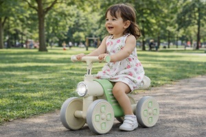 Bicicletă Fără Pedale pentru Copii, 4 Roți, cu Far LED și Design Ergonomic, Ride-On pentru Bebeluși 1-3 Ani, Verde-Crem - Img 4