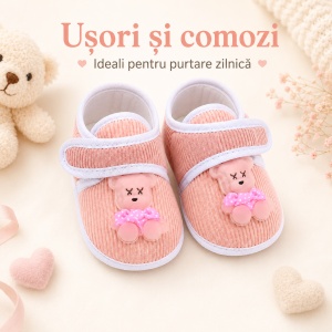 Botoșei Bebeluși cu Scai și Ursuleț 3D, Talpă Antiderapantă, Roz Pal - Img 7