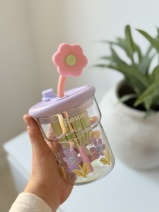 Cana cu Pai din Sticla, Mov, Model cu Flori, 500 ml - Img 2