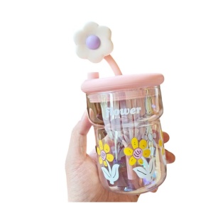 Cana cu Pai din Sticla, Roz, Model cu Flori, 500 ml