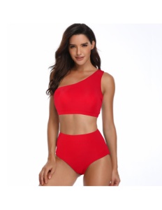 Costum de Baie Dama Doua Piese pe un Umar Chilot Inalt Rosu - Img 2