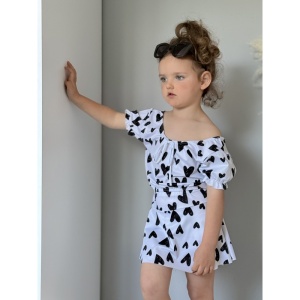 Costum de Baie, Doua Piese, Fusta - Pantalon si Tricou, Black Hearts, 9-10 ani - Img 2