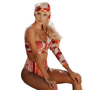 Costum de Baie, Doua Piese, Maneca Lunga Bufanta, Elegant Orange