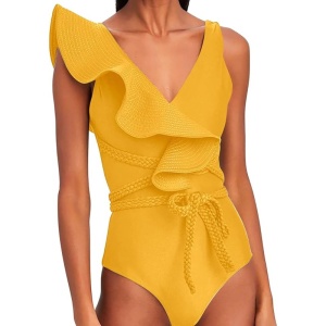 Costum de Baie, Intreg, cu Snur si Volane, Elegant Yellow