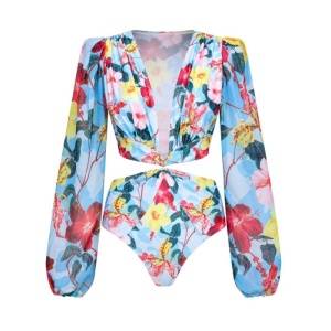 Costum de Baie Intreg, Maneci Lungi si Vaporoase, Imprimeu Floral
