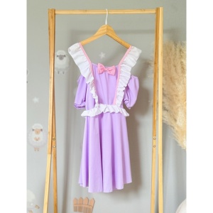 Costum de Baie Intreg pentru Copii, Model Salopeta cu Fustita, Elegance Purple, 56 cm