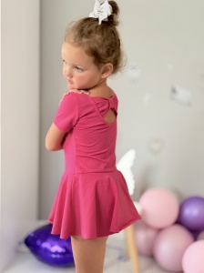 Costum pentru Dans/Gimnastica, Body cu Fustita, Inchidere prin Capse, Maneca Scurta, Fucsia