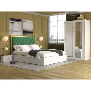Dormitor Dream Verde, Dressing 120 cm cu Oglinda, Pat, Doua Noptiere, 160x200 cm
