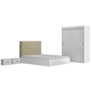 Dormitor Harmonia Bej, Dressing 150 cm, Pat, Doua Noptiere, 160x200 cm - Img 2