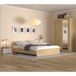 Dormitor Serenity Sonoma, Dressing 120 cm cu Oglinda, Pat, Doua Noptiere, 160x200 cm