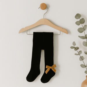 Dres cu Talpa pentru Copii, Negru, Model cu Funda Mustar, Bumbac Gros