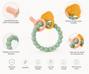 Jucarie pentru Dentitie Bebelusi, Cerc si Chei, BPA Free Silicon, Verde, 3 luni+ - Img 2