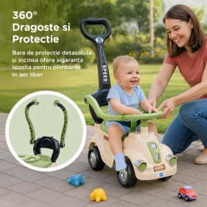 Mașinuță Copii 3 în 1 Ride On, Verde cu Mâner Părinte, Bară de Protecție 360°, Volan Interactiv - Img 5