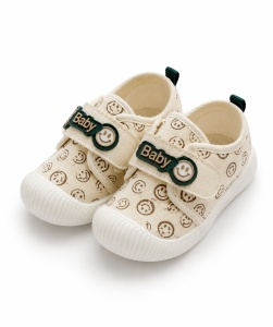 Pantofi Bebeluși pentru Primii Pași, Închidere cu Scai, Branț Moale, Model Smiley Baby, Crem cu Verde