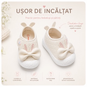 Pantofi Bebeluși pentru Primii Pași, Închidere cu Scai, Branț Moale, Model Fundiță și Urechi de Iepuraș, Roz Pal - Img 9