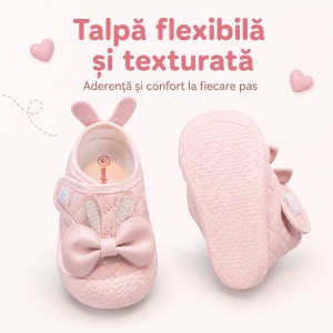 Pantofi Bebeluși pentru Primii Pași, Închidere cu Scai, Branț Moale, Model Fundiță și Urechi de Iepuraș, Roz - Img 3
