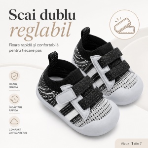 Pantofi Copii pentru Primii Pași, cu Scai, Bandă Elastică, Branț Moale, Talpă Antiderapantă, Negru cu Alb - Img 5