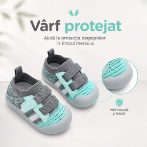 Pantofi Copii pentru Primii Pași, Închidere cu Scai, Bandă Elastică, Branț Moale, Talpă Antiderapantă, Gri cu Verde Mentă - Img 5