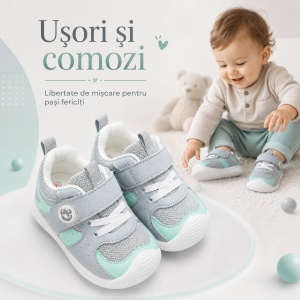 Pantofi Copii Stil Adidași, cu Elastic și Scai, Branț Moale, Talpă din Cauciuc, Gri cu Verde Mentă - Img 7