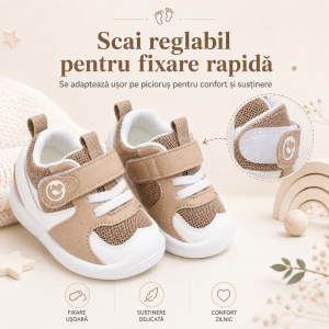 Pantofi Copii Stil Adidași, cu Elastic și Scai, Branț Moale, Talpă din Cauciuc, Alb cu Bej - Img 3
