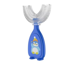 Periuta de dinti pentru Copii, Manuala, Silicon si Plastic, 10 cm, Pinguin Albastru, 2 ani+