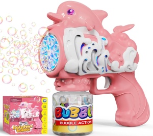 Pistol Delfin Roz pentru Baloane de Săpun cu Lumini LED, Funcționare pe Baterii