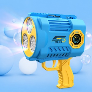 Pistol pentru Baloane de Săpun Bubble Blaster Pro Albastru-Galben cu Acumulator Reîncărcabil, Încărcare USB, 3 Orificii, Lumini LED