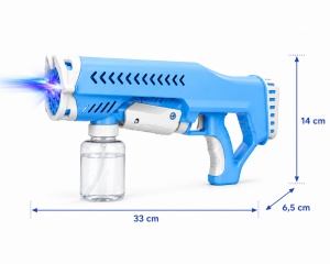 Pistol pentru Baloane de Săpun Model Blizzard Albastru-Alb, cu Lumini LED, Funcționare pe Baterii, Generator Automat de Bule - Img 4