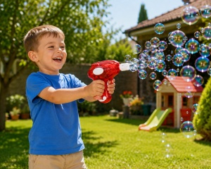 Pistol pentru Baloane de Săpun Model Bubble Mini Roșu Transparent , cu Lumini LED, Funcționare pe Baterii - Img 2