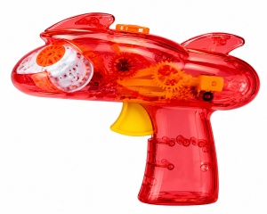 Pistol pentru Baloane de Săpun Model Sky Blaster Rosu Transparent, cu Lumini LED, Funcționare pe Baterii