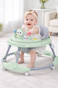 Premergător Bebe Pliabil, 6-18 Luni, Reglabil pe 6 Niveluri, cu Centru de Activități Model Maimuță, Verde/Gri - Maner Parental - Img 2