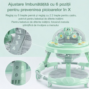 Premergător Copii 6-18 Luni Verde, Model Elefant, cu Mâner de Împingere, Reglabil pe Înălțime, Centru de Activități Interactiv, Pliabil - Img 3