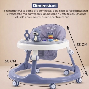 Premergător Culoare Lila/Gri pentru Bebeluși cu Mâner Reglabil, Model Urs cu Centru de Activități - Img 2