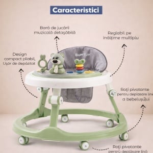 Premergător Culoare Verde pentru Bebeluși cu Mâner Reglabil, Model Urs cu Centru de Activități - Img 2