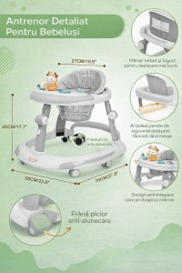 Premergător Multifuncțional pentru Bebeluși 6-24 Luni, Culoare Gri – 4 în 1, Centru de Activități Interactiv - Img 5